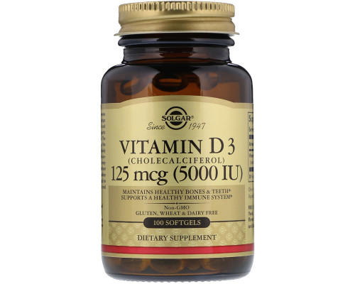 Вітамін D3 (холекальциферол), Vitamin D3, Solgar, 125 мкг (5000 МО), 100 гелевих капсул