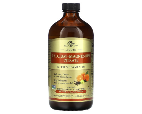 Кальцій, магній, D3, Calcium Magnesium Vitamin D3, Solgar, апельсин, ваніль, цитрат, рідкий, 473 мл