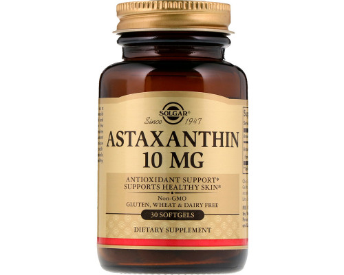 Астаксантин, Astaxanthin, Solgar, 10 мг, 30 гелевих капсул