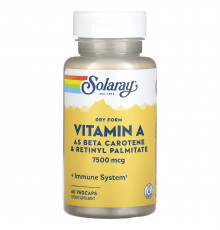 Витамин А, Dry Vitamin A, Solaray, 7500 мкг, 60 вегетарианских капсул