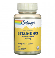Бетаин HCl + пепсин, Betaine HCL with Pepsin, Solaray, высокоэффективный, 650 мг, 100 вегетарианских капсул