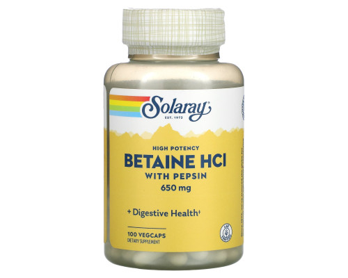 Бетаїн HCl + пепсин, Betaine HCL with Pepsin, Solaray, високоефективний, 650 мг, 100 вегетаріанських капсул