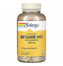 Бетаин HCl + пепсин, HCL with Pepsin, Solaray, высокоэффективный, 650 мг, 250 вегетарианских капсул