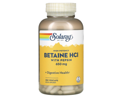 Бетаїн HCl + пепсин, HCL with Pepsin, Solaray, високоефективний, 650 мг, 250 вегетаріанських капсул