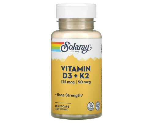 Вітамін D3 і К2, Vitamin D-3 & K-2, Solaray, без сої, 60 рослинних капсул
