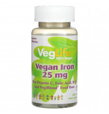 Железо растительного происхождения, Vegan Iron, VegLife, 25 мг, 100 таблеток