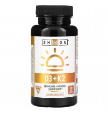 Витамин D3 и К2, Vitamin K2 + D3, Zhou Nutrition, 60 вегетарианских капсул