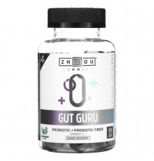 Пробиотик + пребиотическая клетчатка, Gut Guru, Zhou Nutrition, вкус голубой малины, 60 веганских жевательных конфет