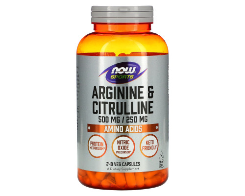 Аргінін та цитрулін, Arginine & Citrulline, Now Foods, Sports, 500 мг/250 мг, 240 вегетаріанських капсул