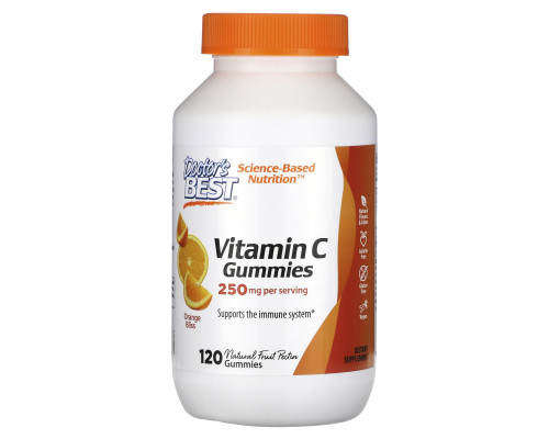 Вітамін C, Vitamin C Gummies, Doctor's Best, 250 мг, зі смаком апельсина, 120 жувальних цукерок
