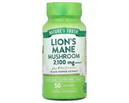 Їжовик гребінчастий, супер-гриб з біоперином, Lion's Mane Mushroom plus Bioperine, Nature's Truth, 2100 мг, 50 капсул