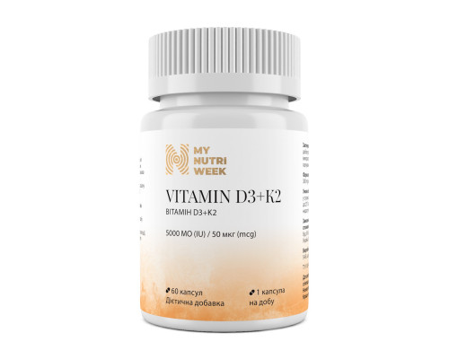 Вітамін D3+K2, Vitamin D3+K2, My Nutri Week, 5000 МО/50 мкг, 60 капсул