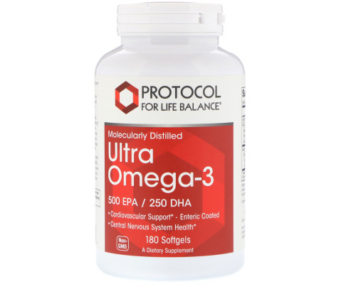 Омега-3, Ultra Omega-3, Protocol for Life Balance, молекулярно дистильована, 500 EPA / 250 DHA, 180 капсул