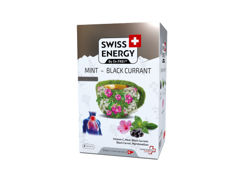 Чай від застуди, Herbal tea MINT - BLACK CURRANT, Swiss Energy, від кашлю, болю в горлі та закладеності носа, альпійські трави, м'ята та чорна смородина, 8 пакетиків