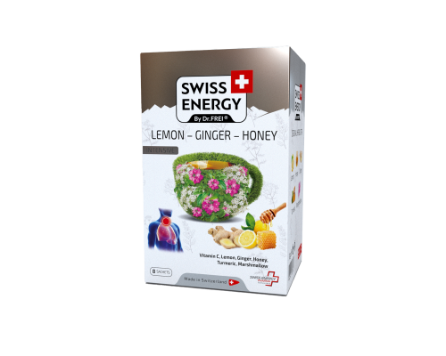 Чай від застуди, Herbal tea LEMON - GINGER - HONEY, Swiss Energy, від кашлю, болю в горлі та закладеності носа, альпійські трави, лимон, імбир та мед, 8 пакетиків