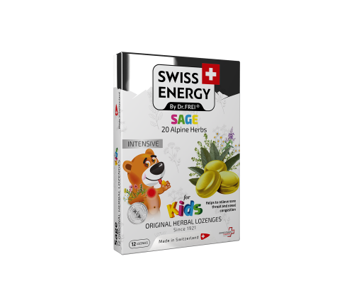 Льодяники від застуди, для дітей, Herbal Lozenges Blister 20 herbs + Sage for kids, Swiss Energy, від кашлю, болю в горлі та закладеності носа, 20 альпійських трав та шавлія, 12 трав'яних льодяників