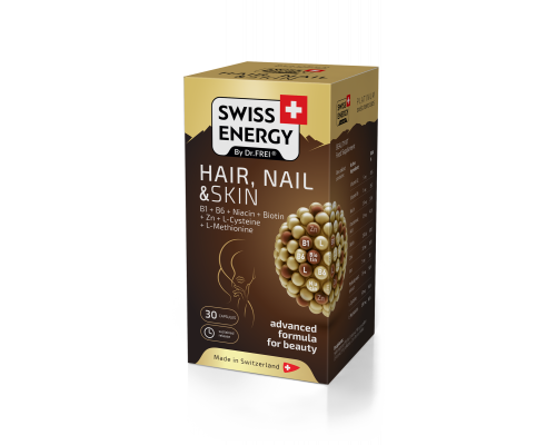 Здоров'я шкіри, волосся та нігтів, HAIR, NAIL & SKIN B1+B6+Niacin+Biotin+Zn+L-Cys+L-Met, Swiss Energy, 30 капсул