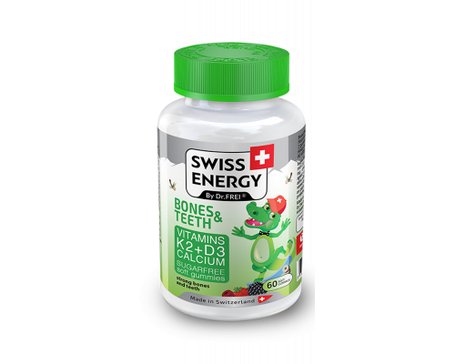 Здоров'я кісток та зубів, для дітей від 3 років, BONES & TEETH Vitamins K2, D3, Calcium, Swiss Energy, без цукру, 60 жувальних цукерок