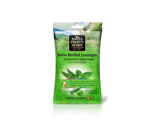 Льодяники від застуди, Herbal Lozenges Bag 20 herbs + Eucalyptus and Menthol, Swiss Energy, від кашлю, болю в горлі та закладеності носа, 20 альпійських трав, ментол та евкаліпт, 12 трав'яних льодяників (55 г)
