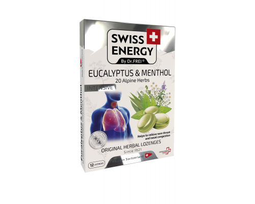 Льодяники від застуди, Herbal Lozenges Blister 20 herbs + Eucalyptus and Menthol, Swiss Energy, від кашлю, болю в горлі та закладеності носа, 20 альпійських трав, ментол та евкаліпт, 12 трав'яних льодяників