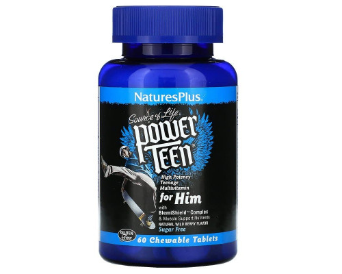 Вітаміни для хлопців, Power Teen For Him, Nature's Plus, Source of Life, ягідний смак, без цукру, 60 таблеток