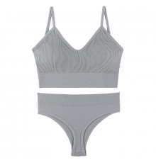 Бесшовный комплект женского белья в рубчик трусы и топ 1608# Серый M 70/75 ABC