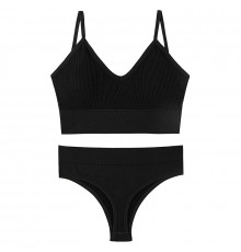 Бесшовный комплект женского белья в рубчик трусы и топ 1608# Черный L 80 ABC