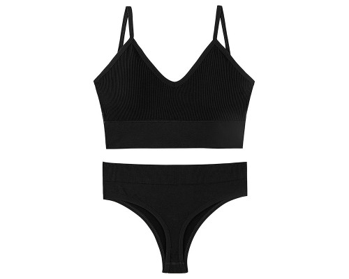 Бесшовный комплект женского белья в рубчик трусы и топ 1608# Черный L 80 ABC