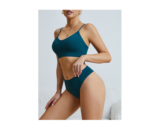 Бесшовный комплект женского белья в текстуре косичка трусы и топ 6608# Изумрудный M