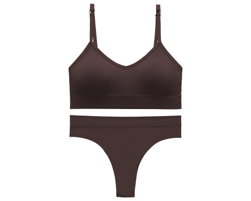 Бесшовный комплект женского белья в текстуре косичка трусы и топ 6608# Коричневый L