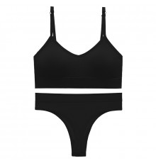 Бесшовный комплект женского белья в текстуре косичка трусы и топ 6608# Черный L