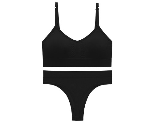 Бесшовный комплект женского белья в текстуре косичка трусы и топ 6608# Черный M