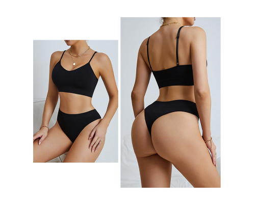 Бесшовный комплект женского белья в текстуре косичка трусы и топ 6608# Черный M