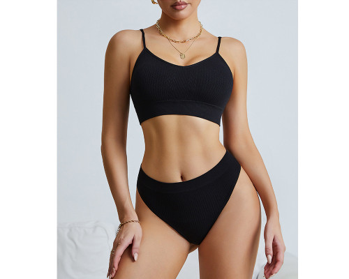 Бесшовный комплект женского белья в текстуре косичка трусы и топ 6608# Черный S