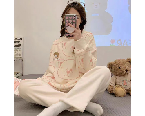 Комплект женской пижамы 301 Bear Pink рубашка с длинным рукавом и штанами теплая L