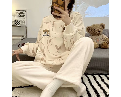 Комплект женской пижамы 305 Bear Brown рубашка с длинным рукавом и штанами фланелевая теплая M