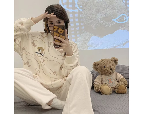 Комплект женской пижамы 305 Bear Brown рубашка с длинным рукавом и штанами фланелевая теплая M