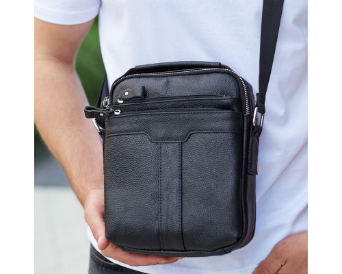 Шкіряна чоловіча сумка-барсетка 21х25х6, месенджер з ручкою Tiding Bag 73957 чорна