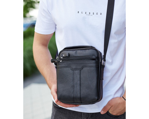 Чоловіча шкіряна сумка-месенджер 21х25х6, барсетка через плече Tiding Bag A25-3278A Чорна