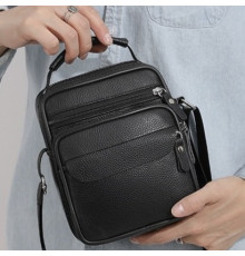 Чоловічі шкіряні сумки планшет 17х21х9, барсетка через плече з ручкою чорна 86802