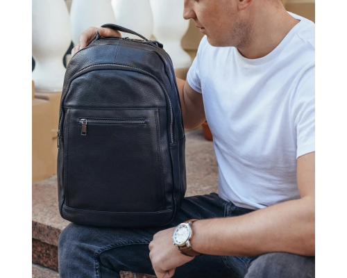 Шкіряна чоловіча сумка наплічна для ноутбука та поїздок 28х42х18, рюкзак для роботи Tiding Bag D3-9343, чорний