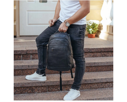 Шкіряна чоловіча сумка наплічна для ноутбука та поїздок 28х42х18, рюкзак для роботи Tiding Bag D3-9343, чорний