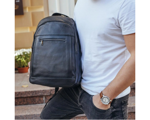 Шкіряна чоловіча сумка наплічна для ноутбука та поїздок 28х42х18, рюкзак для роботи Tiding Bag D3-9343, чорний