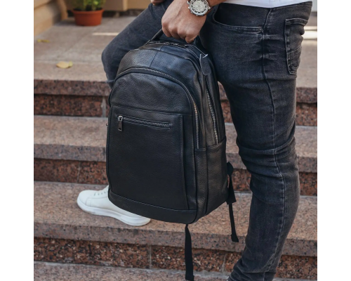Шкіряна чоловіча сумка наплічна для ноутбука та поїздок 28х42х18, рюкзак для роботи Tiding Bag D3-9343, чорний