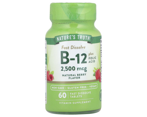 Вітамін B-12 плюс фолієва кислота, Vitamin B-12, Nature's Truth, смак ягід, 2500 мкг, 60 швидкорозчинних таблеток