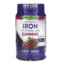 Залізо, вітаміни групи B, цинк, Essential Iron + B-Vitamins, Zinc, Nature's Truth, натуральний виноград, 60 веганських жувальних таблеток