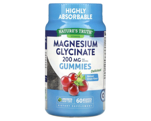 Магній гліцинат, Magnesium Glycinate Gummies, Nature's Truth, смак винограду, 200 мг, 60 веганських жувальних цукерок (100 мг на жувальну цукерку)