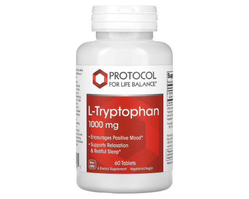 L-триптофан, L-Tryptophan, Protocol for Life Balance, 1000 мг, 60 таблеток