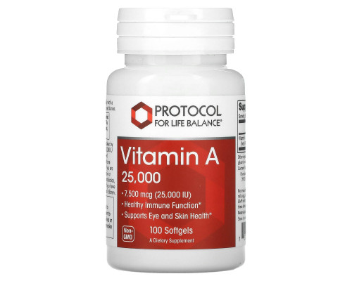Вітамін А, Vitamin A, Protocol for Life Balance, 7500 мкг (25 000 МО), 100 гелевих капсул
