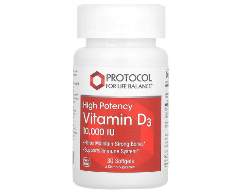 Вітамін D3, Vitamin D3, Protocol for Life Balance, висока ефективність, 10 000 МО, 30 гелевих капсул